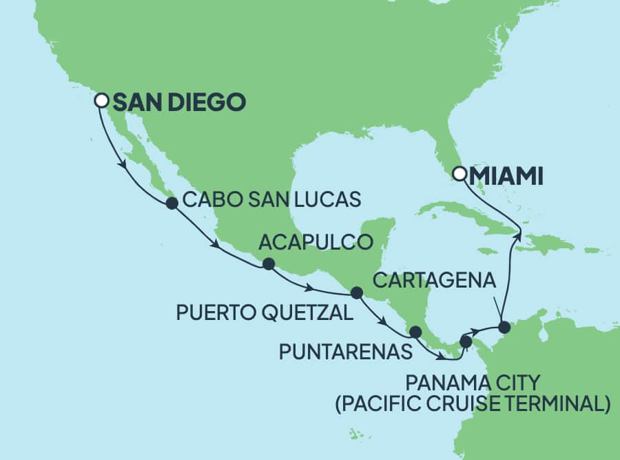 Reiseroute der Norwegian Jade am 12.02.2026, ab San Diego, 15 Nächte