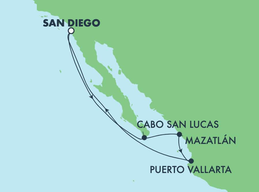 Reiseroute der Norwegian Jade am 26.10.2025, ab San Diego, 7 Nächte