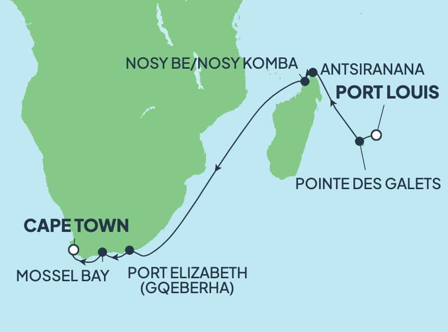 Reiseroute der Norwegian Sun am 29.04.2026, ab Port Louis, 11 Nächte