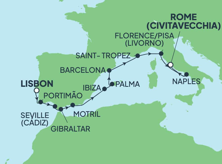 Reiseroute der Norwegian Dawn am 30.03.2025, ab Lissabon, 11 Nächte