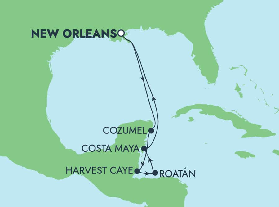 Reiseroute der Norwegian Escape am 25.10.2025, ab New Orleans, 7 Nächte