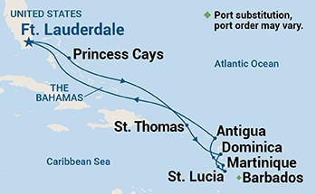 Reiseroute der Caribbean Princess am 29.03.2026, ab Fort Lauderdale, 10 Nächte