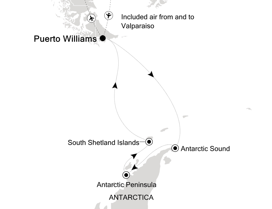 Reiseroute der Silver Cloud am 02.02.2027, ab Puerto Williams, 10 Nächte