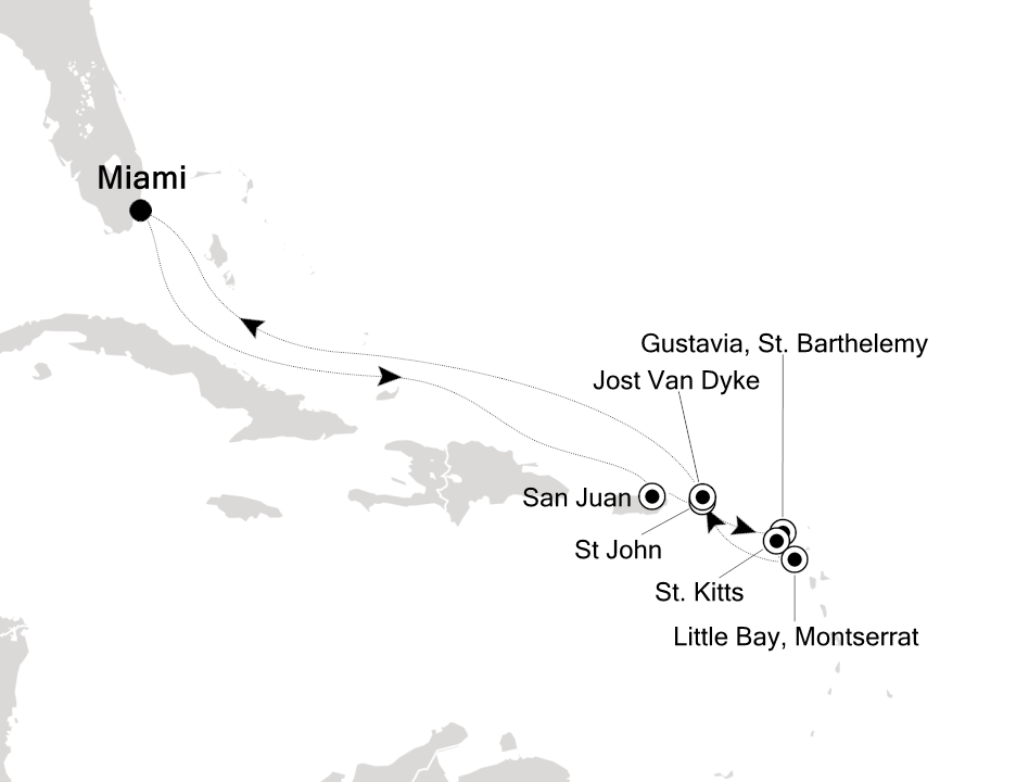 Reiseroute der Silver Shadow am 07.11.2026, ab Miami, 11 Nächte