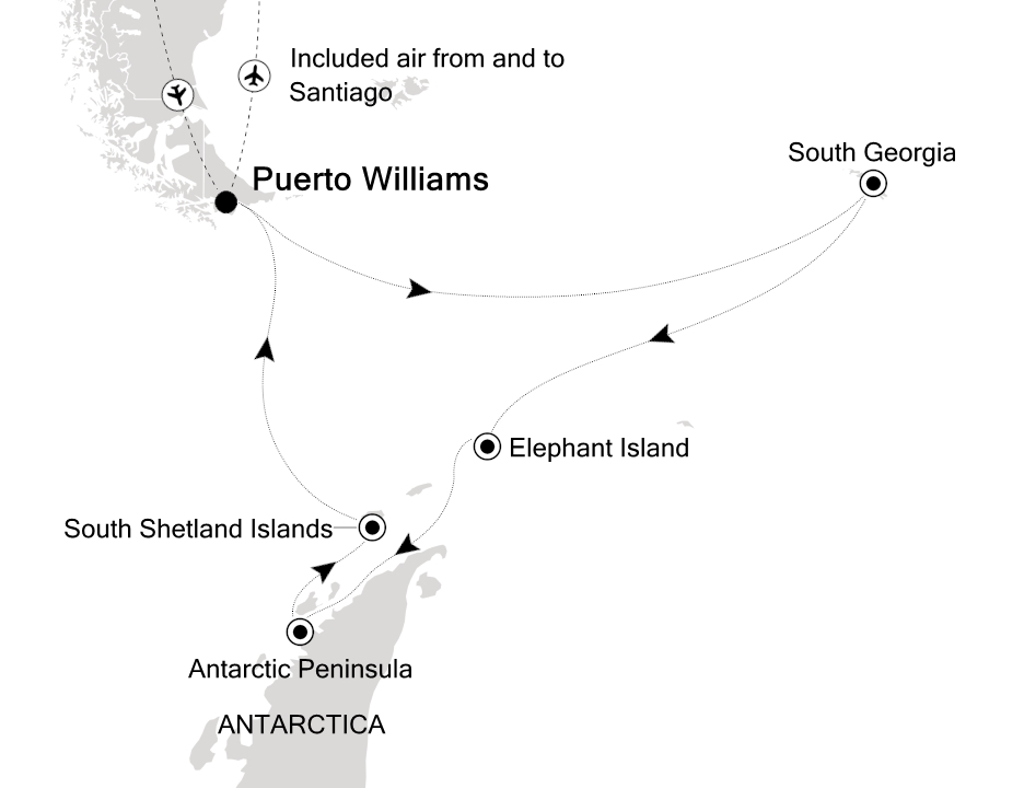 Reiseroute der Silver Cloud am 12.02.2027, ab Puerto Williams, 15 Nächte