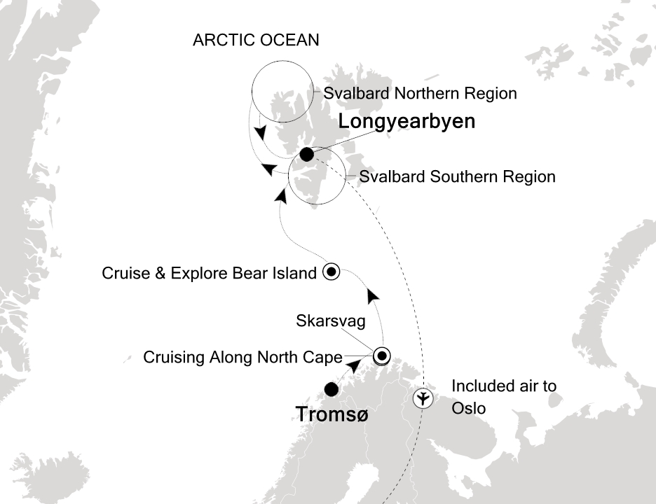 Reiseroute der Silver Endeavour am 29.06.2026, ab Tromso, 9 Nächte