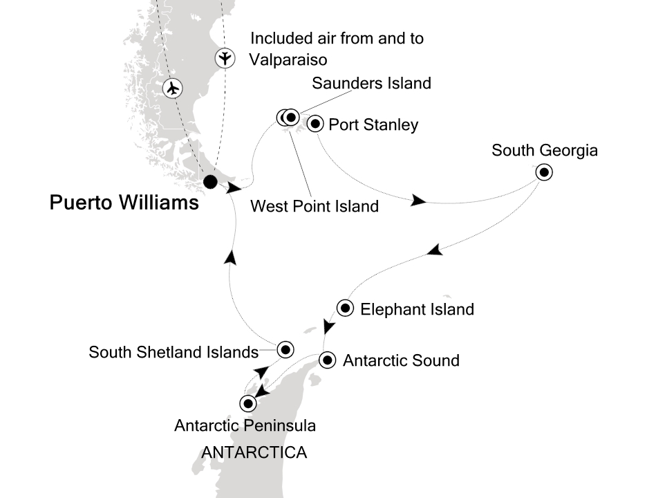 Reiseroute der Silver Wind am 22.11.2026, ab Puerto Williams, 18 Nächte