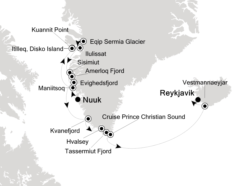 Reiseroute der Silver Wind am 01.07.2026, ab Nuuk, 13 Nächte