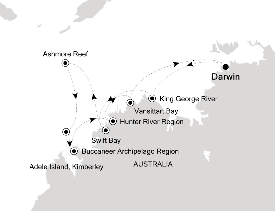 Reiseroute der Silver Cloud am 14.06.2026, ab Darwin, 10 Nächte