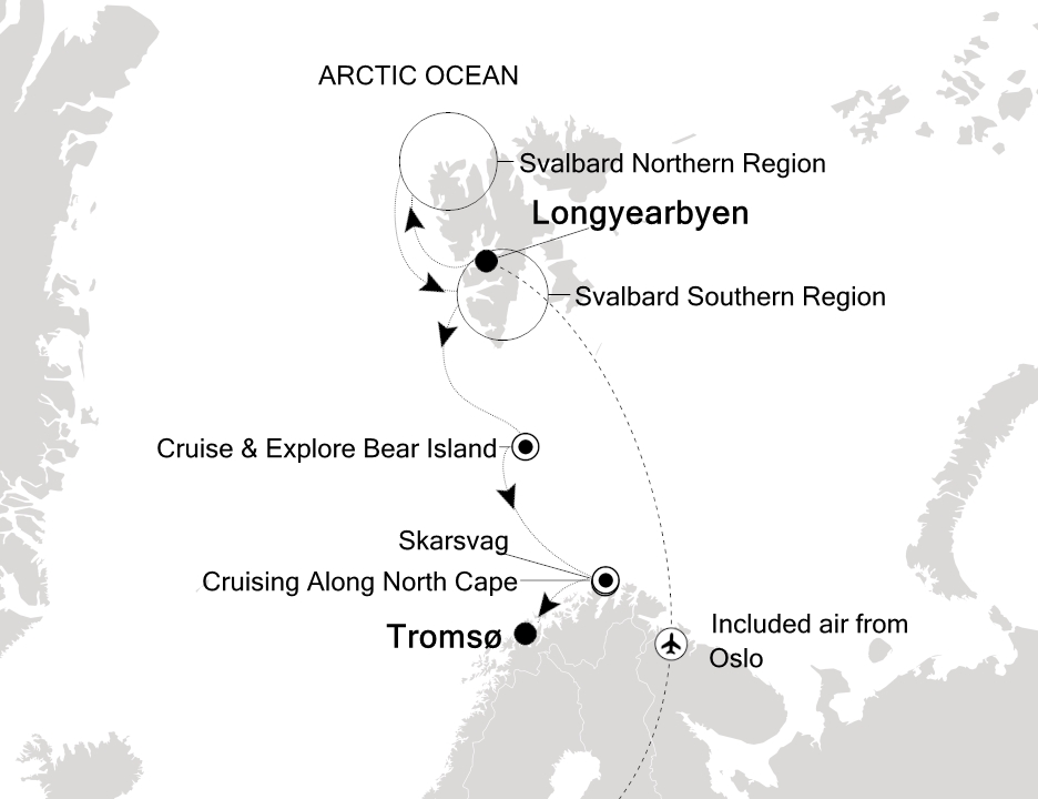 Reiseroute der Silver Endeavour am 02.08.2026, ab Longyearbyen, 9 Nächte