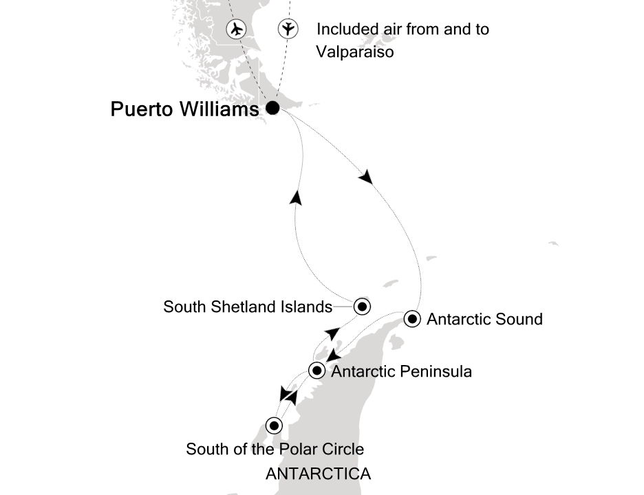 Reiseroute der Silver Wind am 10.12.2026, ab Puerto Williams, 12 Nächte