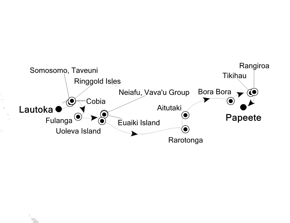 Reiseroute der Silver Cloud am 29.09.2026, ab Lautoka, 14 Nächte