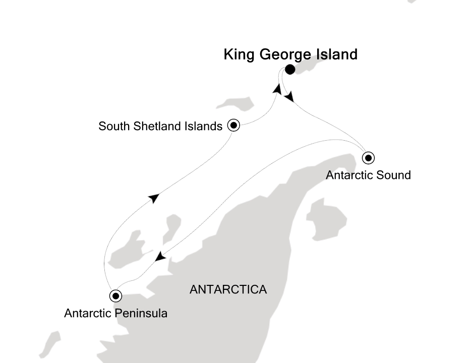 Reiseroute der Silver Endeavour am 20.10.2026, ab King George Island, 6 Nächte