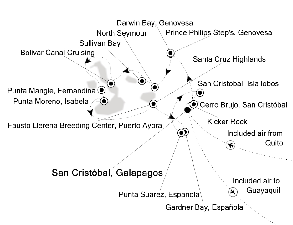 Reiseroute der Silver Origin am 04.07.2026, ab Puerto Baquerizo (Insel San Cristobal), 7 Nächte