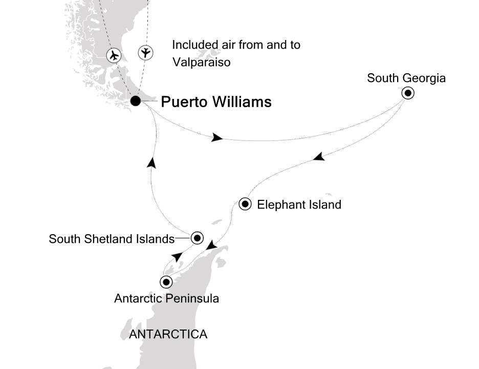 Reiseroute der Silver Cloud am 09.11.2026, ab Puerto Williams, 15 Nächte