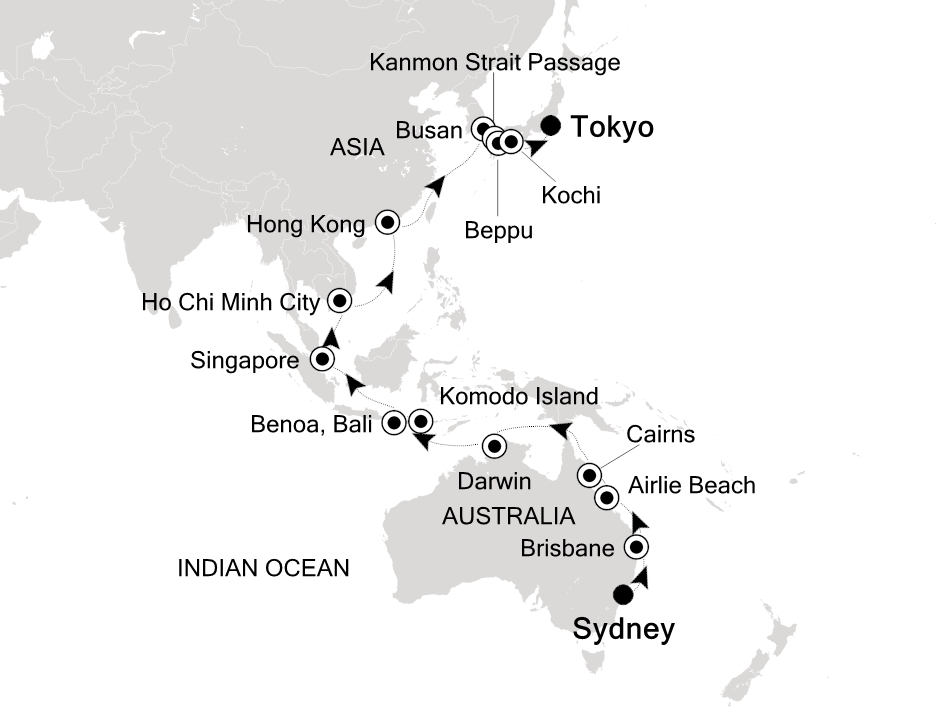 Reiseroute der Silver Moon am 14.02.2027, ab Sydney (AU), 34 Nächte