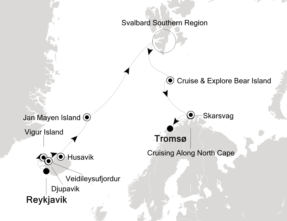 Reiseroute der Silver Endeavour am 15.05.2026, ab Reykjavik, 13 Nächte