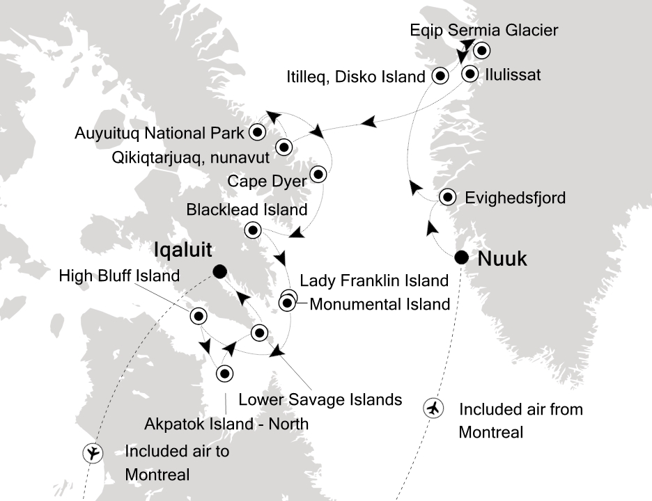 Reiseroute der Silver Wind am 02.08.2026, ab Nuuk, 14 Nächte