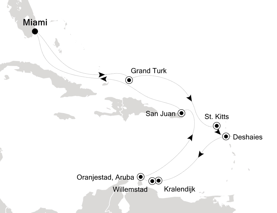 Reiseroute der Silver Ray am 22.12.2026, ab Miami, 14 Nächte