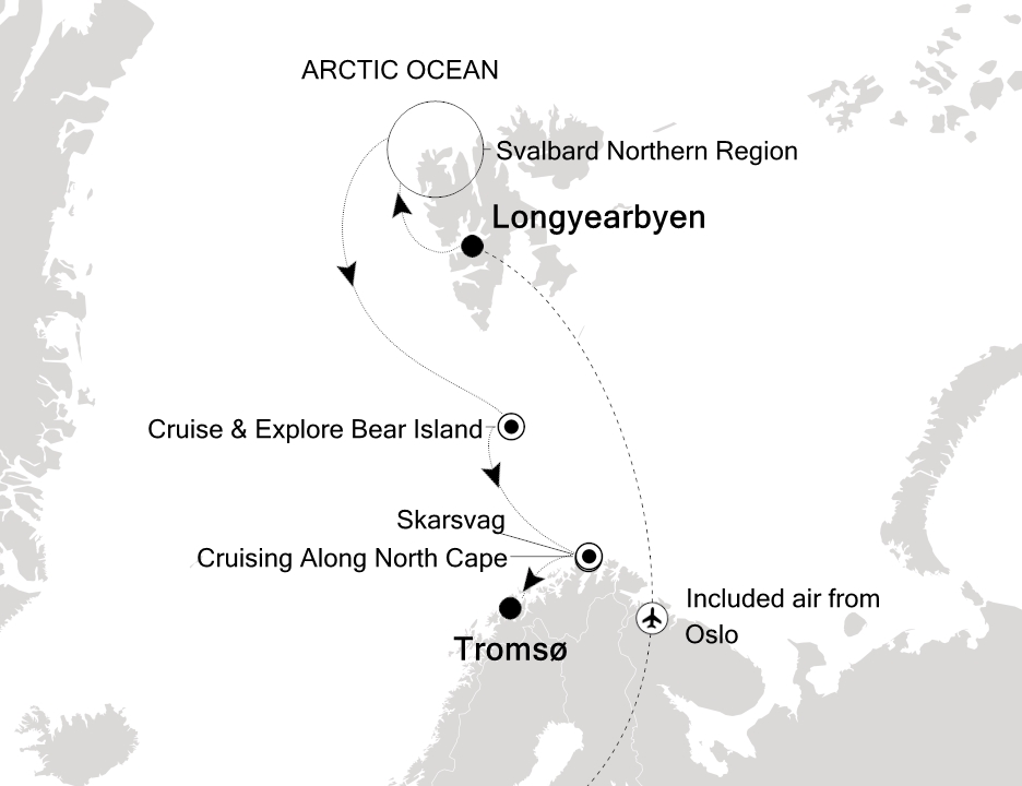 Reiseroute der Silver Endeavour am 08.07.2026, ab Longyearbyen, 9 Nächte