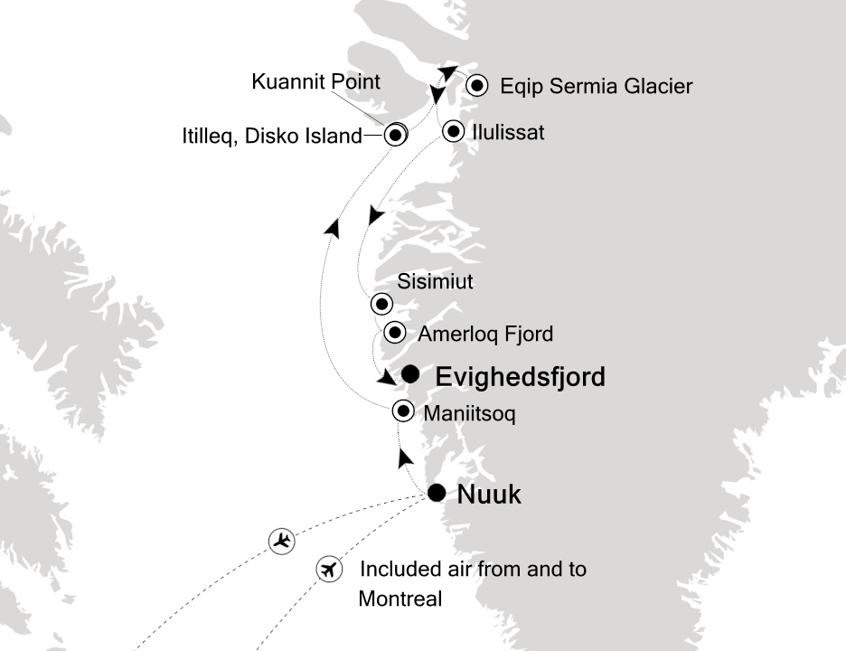 Reiseroute der Silver Wind am 26.07.2026, ab Nuuk, 7 Nächte