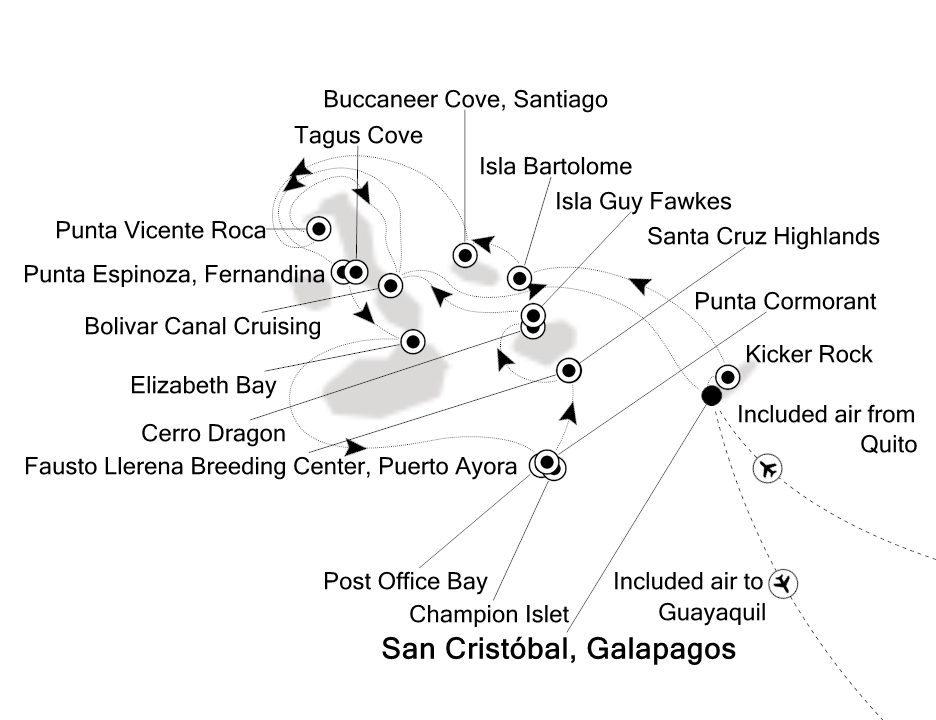 Reiseroute der Silver Origin am 17.10.2026, ab Puerto Baquerizo (Insel San Cristobal), 7 Nächte